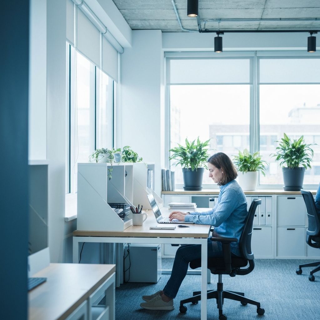 Person working at desk in bright workspace